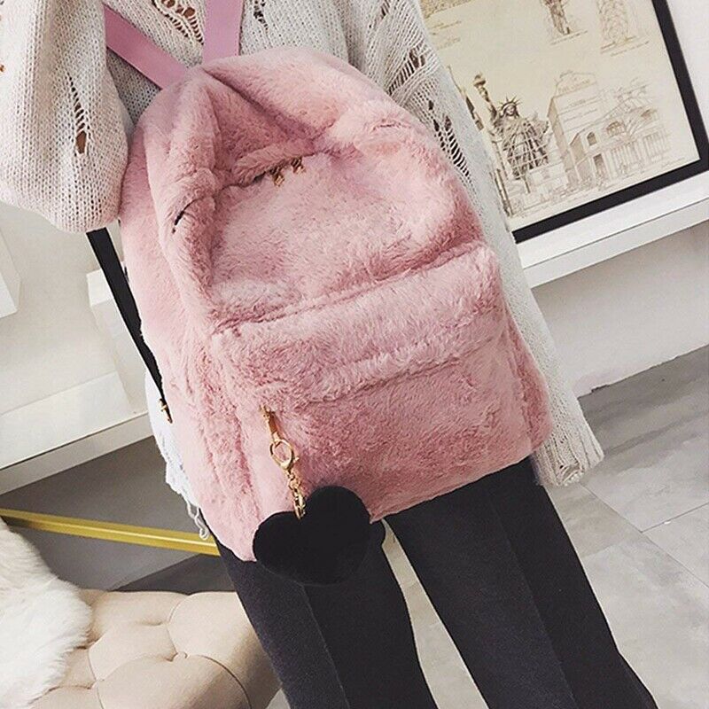 Women Soft Faux Fur Plush Backpack Shoulder Bag Fluffy School Bag with Hear N8C9