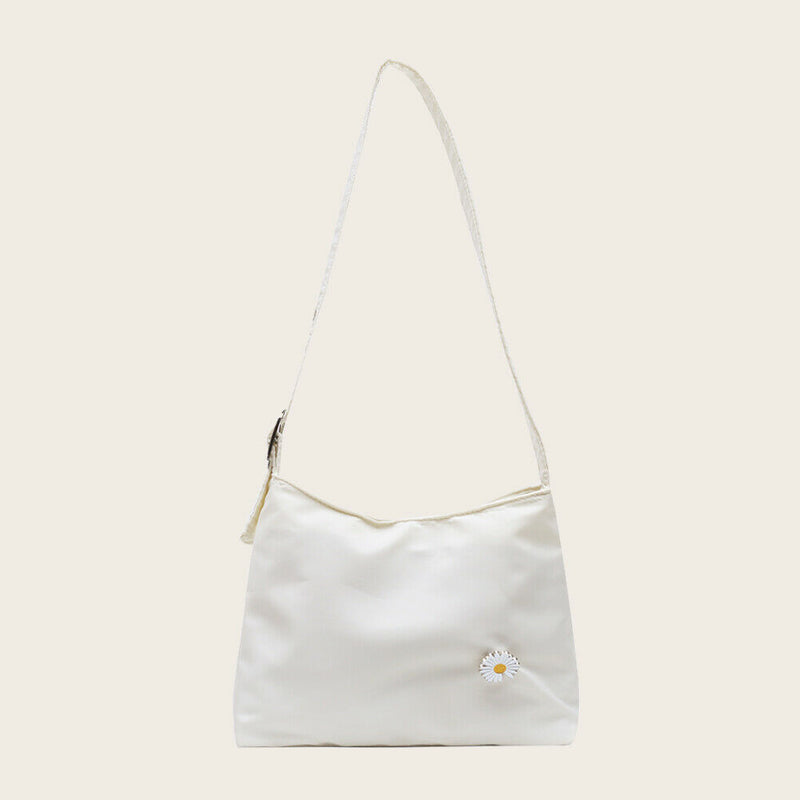 Women Simple Underarm Handbag Daisy Flower Portable Shoulder Bags (White)
