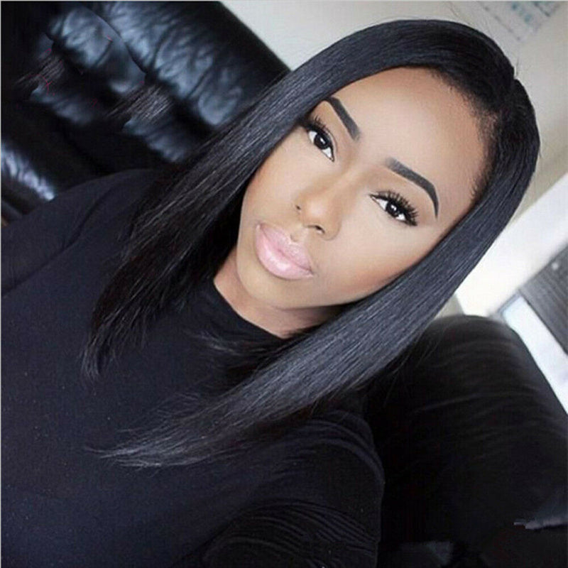 Women Silky Black Straight Bobo Hairstyle Middle Parted Wig Hairpiece