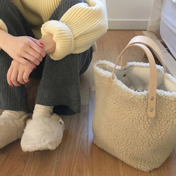 Splicing Leather Plush Casual Shoulder Top-handle Bag Autumn Handbag for Female