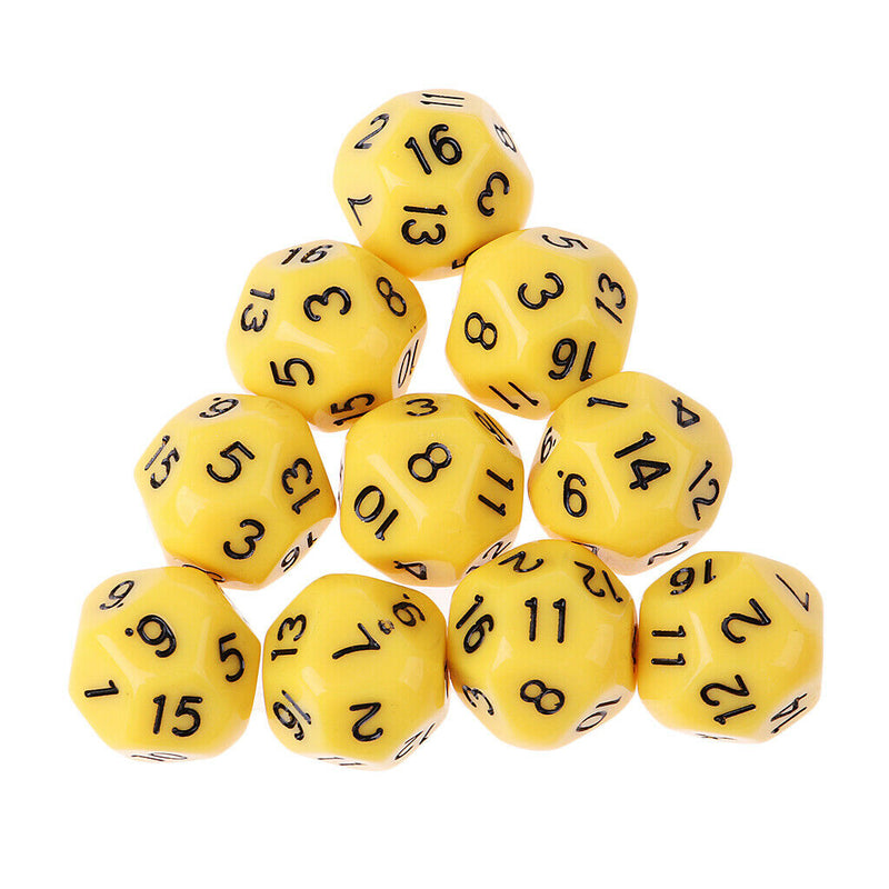 10pcs 16 Sided D16 14mm Acrylic Opaque Dice for Role Playing Game RPG Yellow