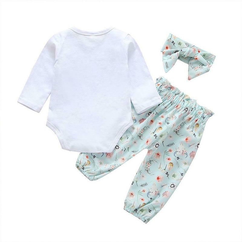 3pcs Baby Girls Clothes Set Romper+Floral Pants+Headdress (Green 6-9M) A