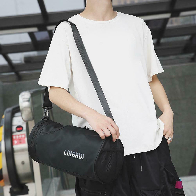 Women Barrel-Shaped Sports Gym Shoulder Bag Waterproof Nylon Bags (Black) A