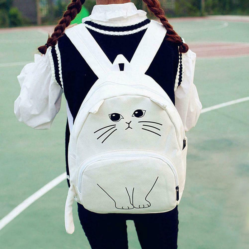 Women Canvas Lovely Cute Cartoon Cat Backpack Students School Bag(White)