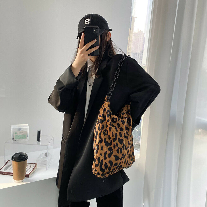 Fashion Corduroy Handbag Chain Totes Lady Shoulder Shopping Bag (Leopard)