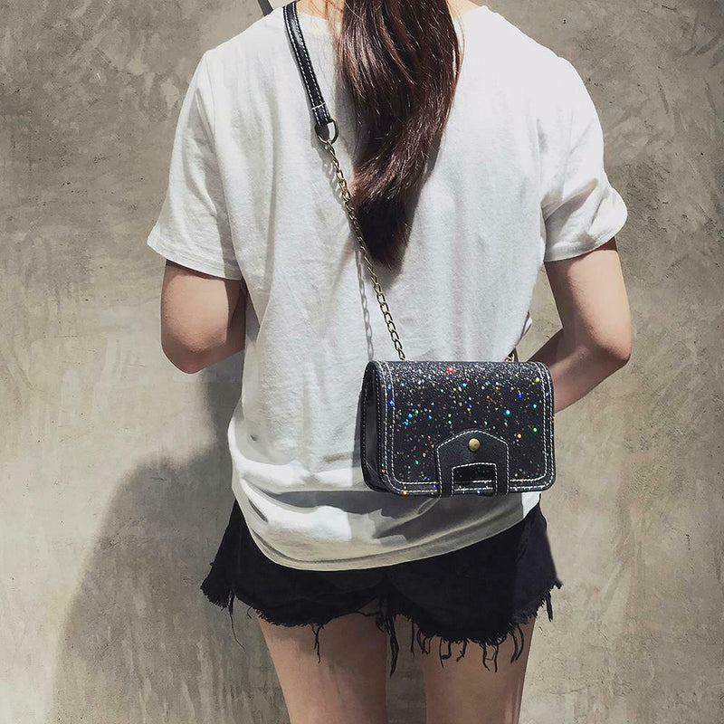 Sequins Bags Leather Splicing Women Shoulder Crossbody Square Bag (Black) A