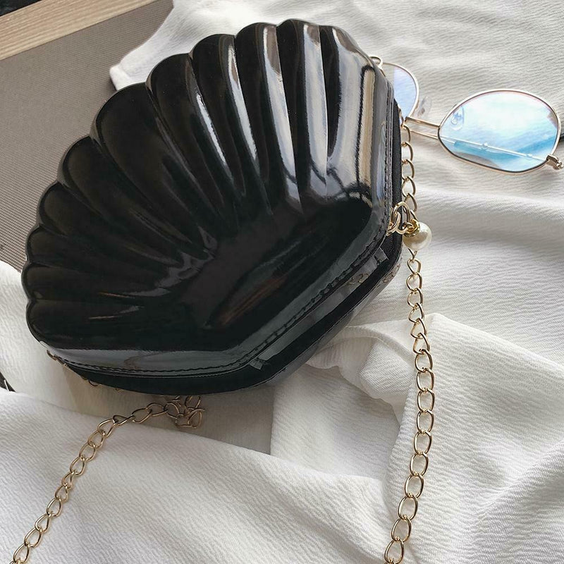 Chain Shoulder Solid Color Handbags Women Shell PVC Crossbody Bags (Black)