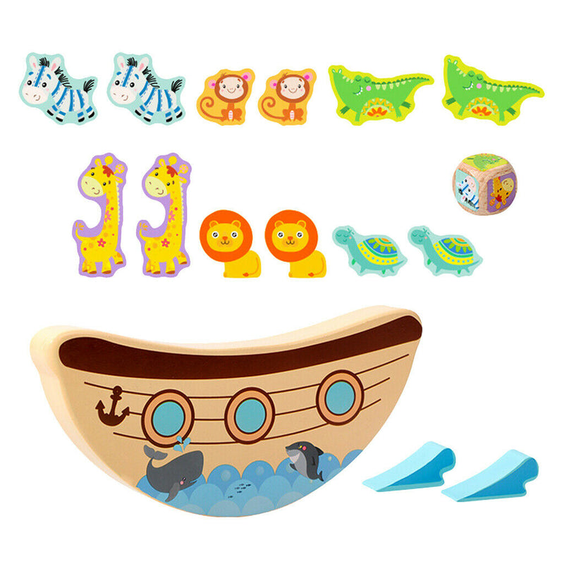 Wooden Animals Stacking Blocks Balancing Boat Games Playset For Toddler Baby