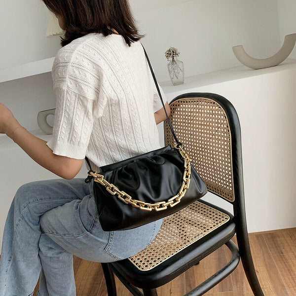 Women Pleated Shoulder Bag Chain Totes PU Cloud Messenger Handbag (Black)