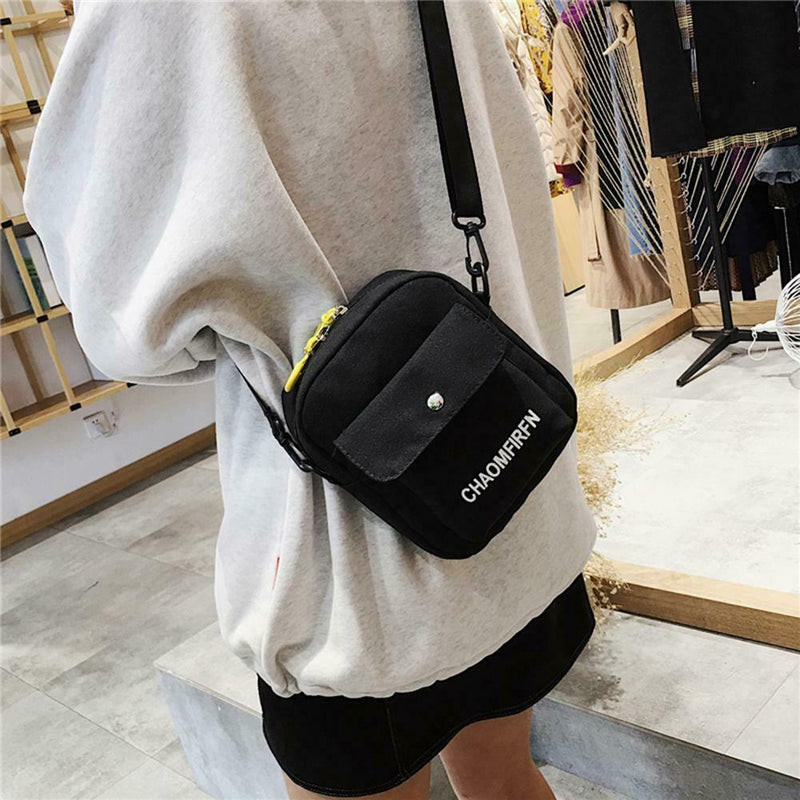 Letter Print Sports Shoulder Handbags Unisex Canvas Crossbody Bags (Black)