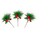 3pcs Christmas Red Berry Pine Cone Picks With Holly Branches Floral Decor