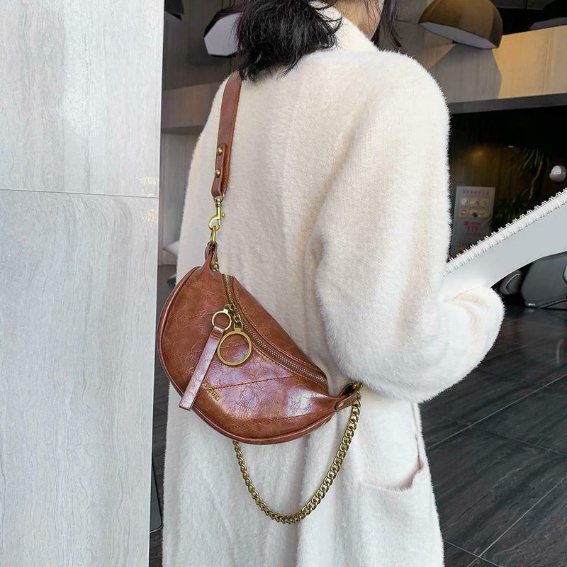 Fashion Leather Crossbody Bags Women Chain Shoulder Travel Handbag (Brown)