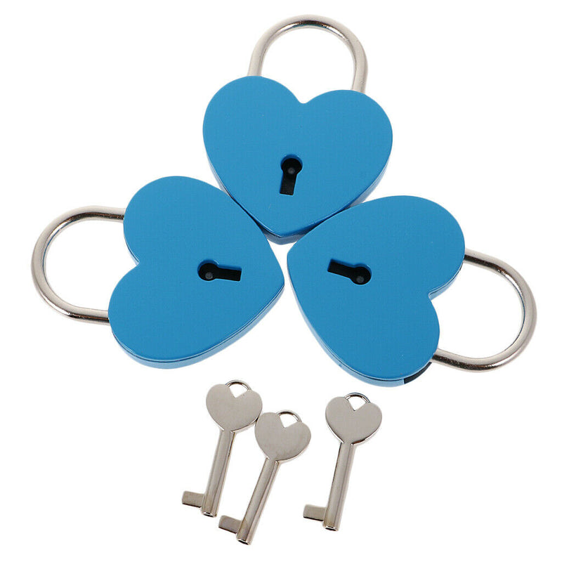 Set of 3 Cute Heart Shape Padlocks Metal Lock with Keys, Blue L