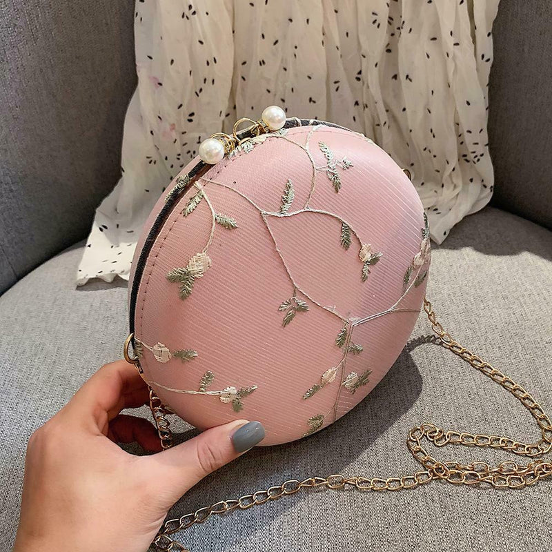 Round Chain Messenger Bag Flower Elegant Women Leather Shoulder Bag (Pink) A