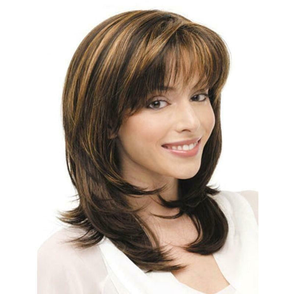 Women Short Synthetic Wigs Mixed Brown Straight Wavy Hair Wigs Natural for Party