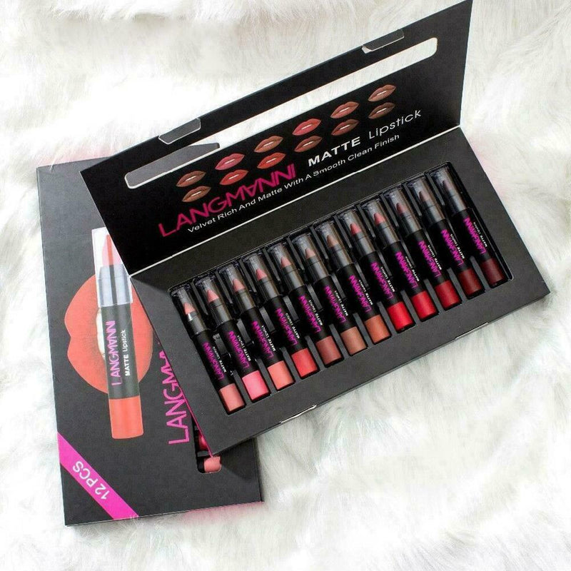 12pcs/set LANGMANNI Matte Lipstick Waterproof Nutritious Cosmetic Velvet Ma D0C2