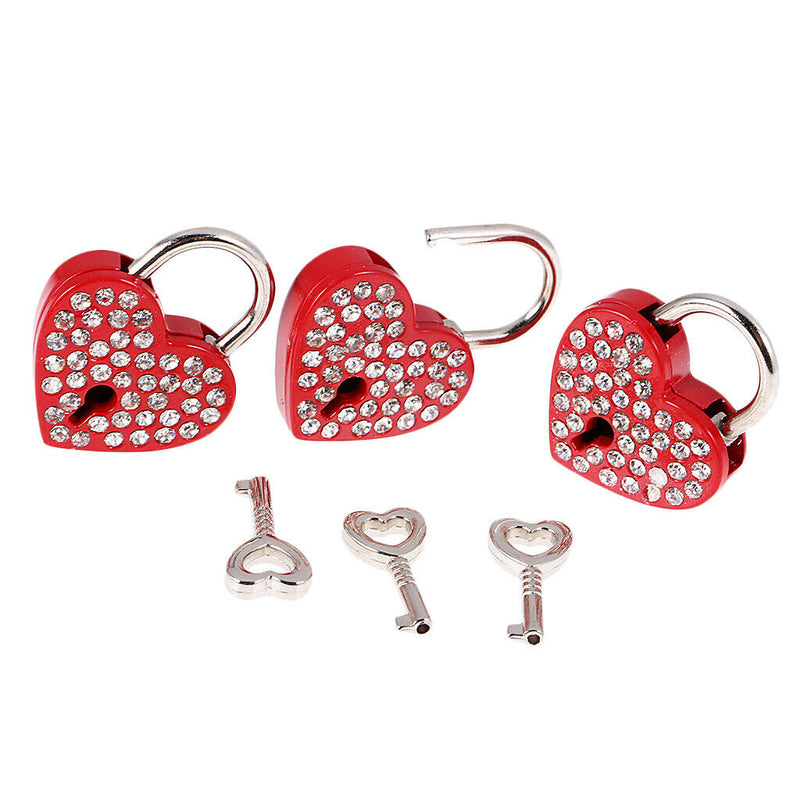 3 Pieces Diamante Heart Shape Padlock With Key Travel Locker Set Pendant Red