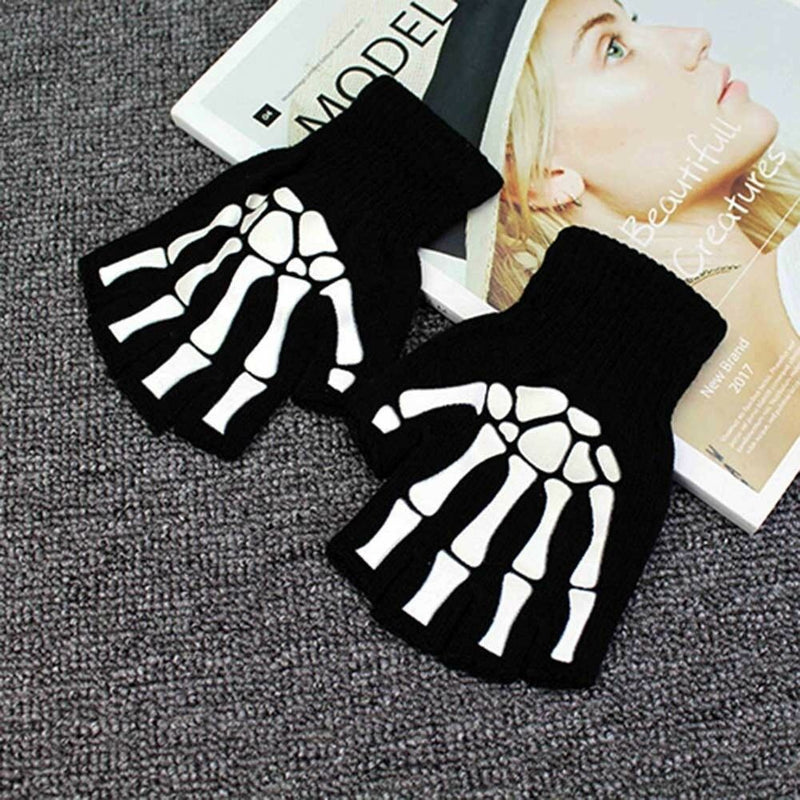 1 Pair Women Unisex Knitting Warmer Black Skeleton Claw Fingerless Gloves 17cm