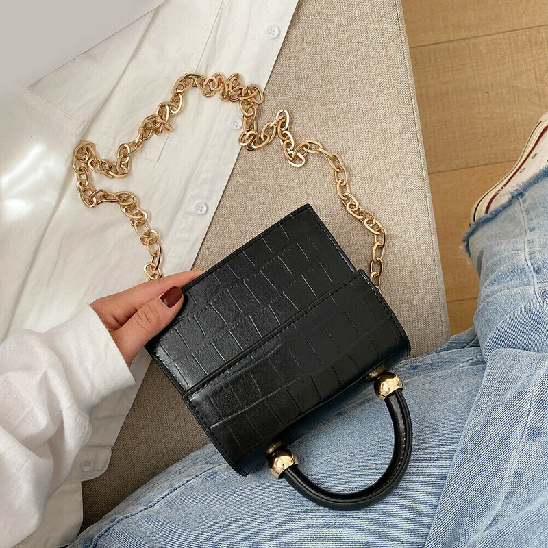 Women Mini Shoulder Bag Alligator PU Tote Chain Crossbody Pouch (Black)
