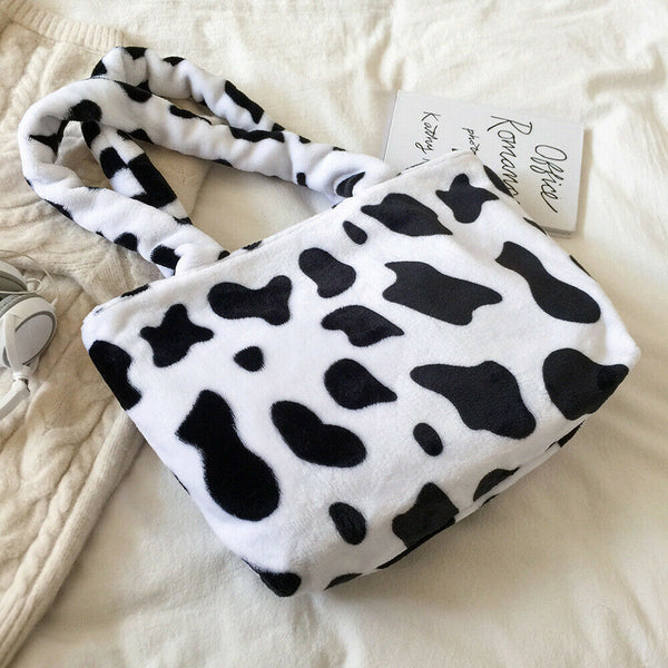 Fashion Cow Print Shoulder Bag Women Plush Totes Large Capacity Handbag (A)
