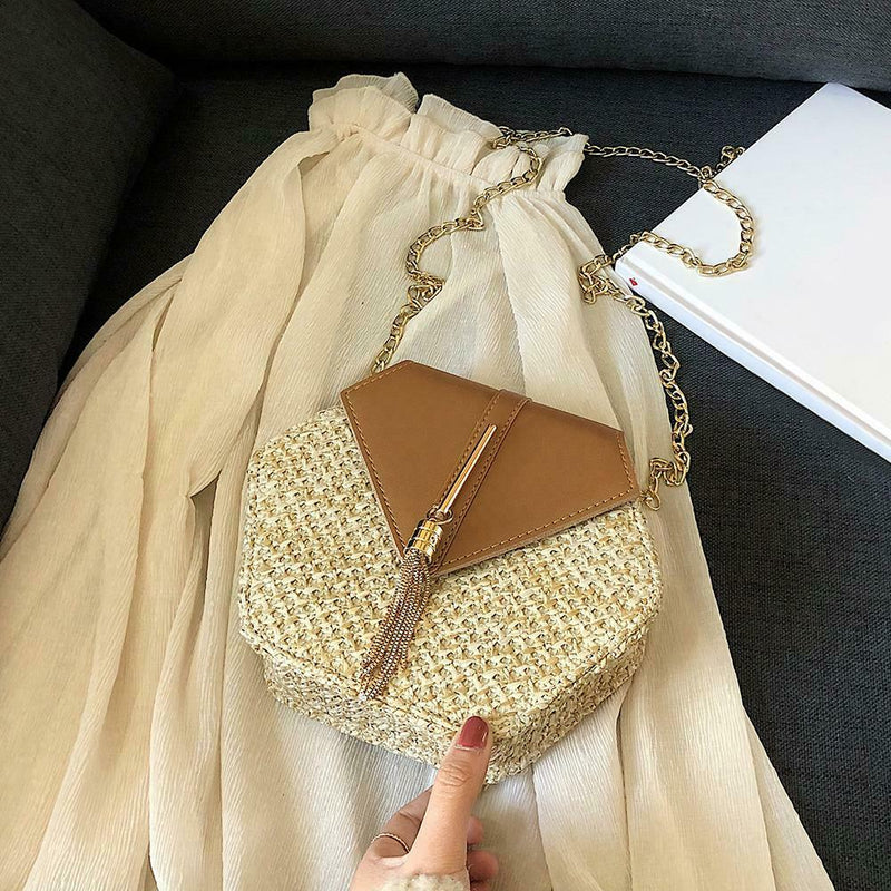 Hex-shape Straw+PU Shoulder Handbags Beach Women Top-handle Bags (Brown) A