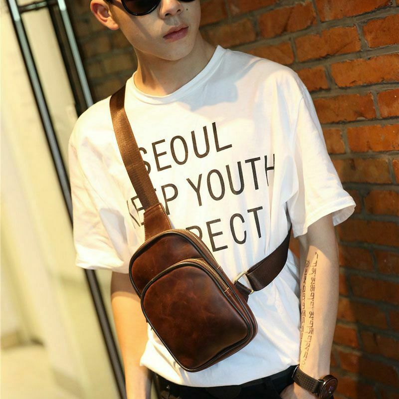 Men's PU Leather Chest Cycle Sling Pack Satchel Shoulder Bag Small Day Pack T9Q8