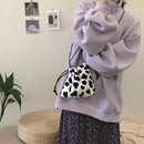 Women Plush Crossbody Bag Cow Milk Print Shoulder Drawstring Mini Handbags