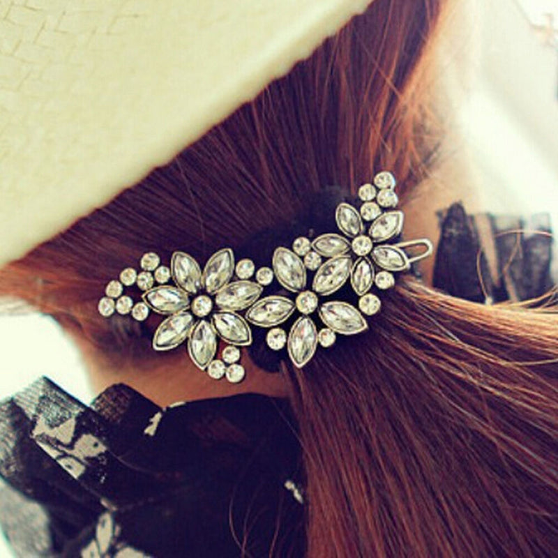 Women Bride Flower Headwear Rhinestone Barrette Crystal Hair Clip Bobby Pin OZ