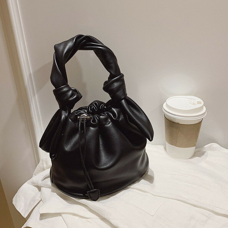 Casual Drawstring Bucket Bag Women PU Crossbody Shoulder Handbags (Black) A