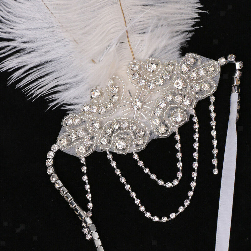 White Feather Flapper Headband w/Tassel 1920s Great   Bridal Headpiece