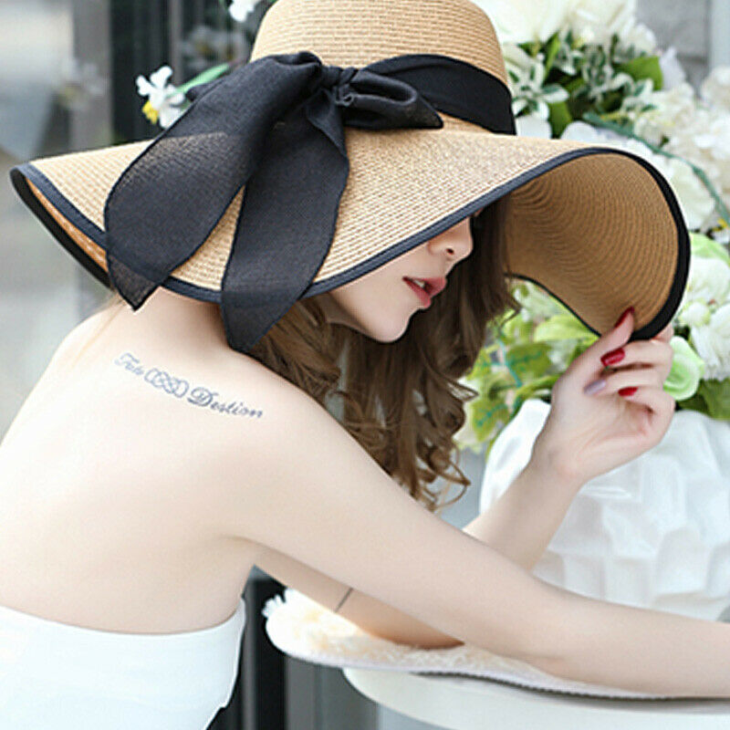 Summer Large Brim Straw Hat Floppy Wide Brim Sun Cap Bowknot Beach Foldable B6C2