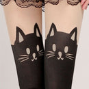 Women Sexy Cute Black Tattoo Long Socks Sheer Cartoon Cat Pantyhose Stockings Kw