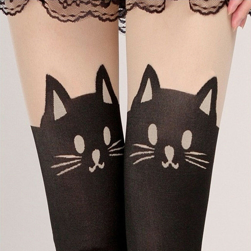 Women Sexy Cute Black Tattoo Long Socks Sheer Cartoon Cat Pantyhose Stockings Kw