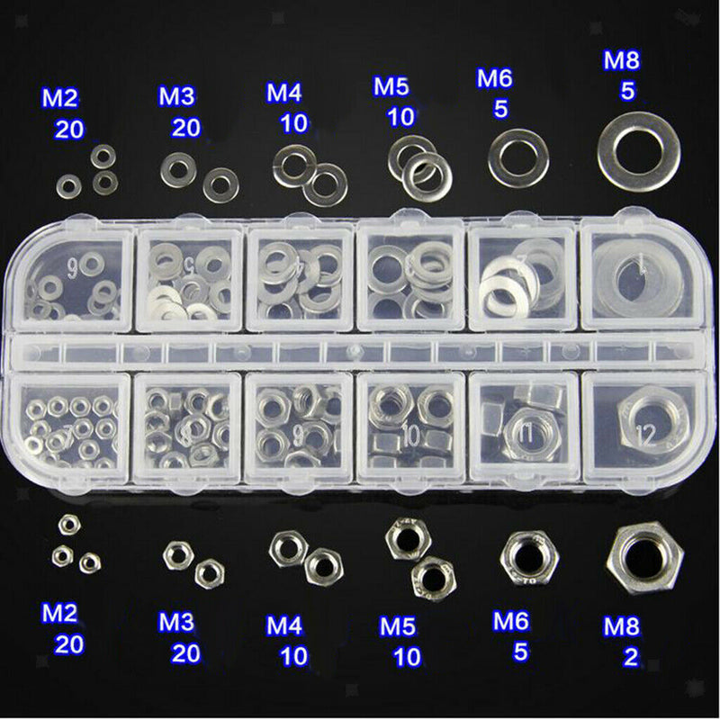 M2,M3,M4,M5,M6,M8 Hex Nuts & Flat Washers Assortment Washer Nuts kit 137pcs