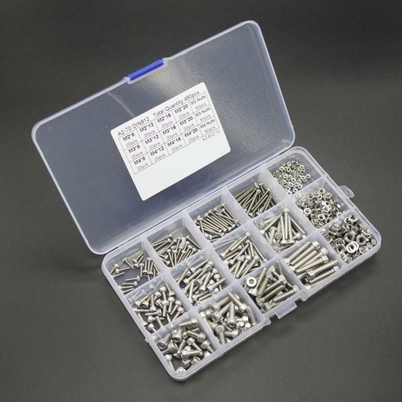 480pcs M2 M3 M4 304 Stainless Steel Hex Socket Head Cap Screws Nut Kit Set + Box