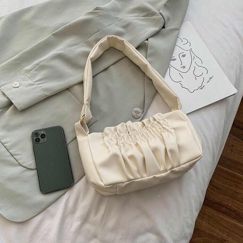 Women Candy Tote Bag Pleated PU Shoulder Portable Underarm Handbag (Beige)