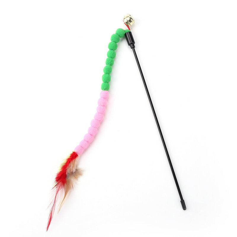 Cat Teasing Stick Colorful Pompom Feather Wand Fun Pet Teaser Rod Toys (01) A