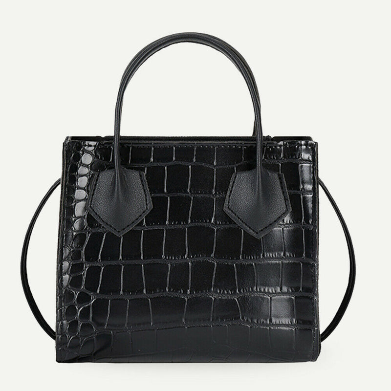 Retro Alligator PU Women Shoulder Tote Bag Portable Solid Handbags (Black)