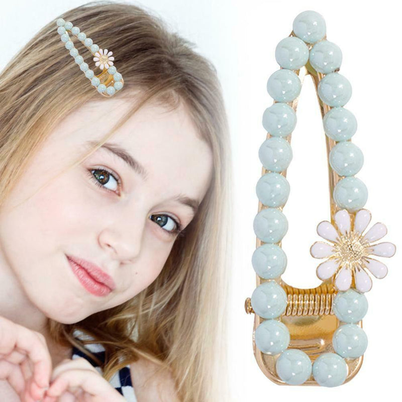Korean Flower Beads Fringe Headwear Women Bang Duckbill Clip (Light Blue) A