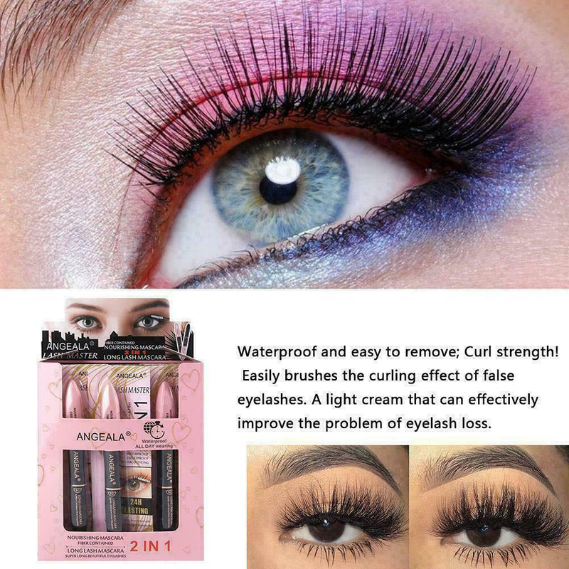 2 IN 1 Black Waterproof Mascara Volume 4D Silk Fiber Lash to Color Easy Mak R3A0
