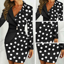 Wave Point Women Long Sleeve Lapel Stitching Formal Dress (Black M) A