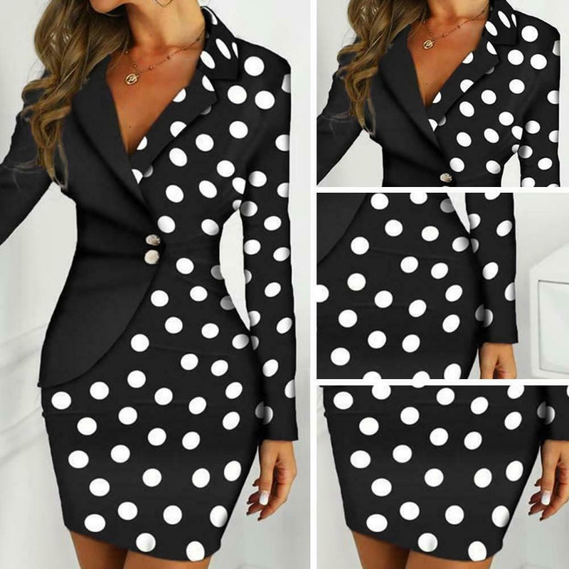 Wave Point Women Long Sleeve Lapel Stitching Formal Dress (Black M) A