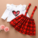 Kids Girls Long Sleeve Love Print Tops Plaid Strap Skirt Set (Red 12-18M) A