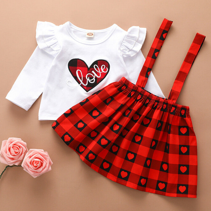 Kids Girls Long Sleeve Love Print Tops Plaid Strap Skirt Set (Red 12-18M) A