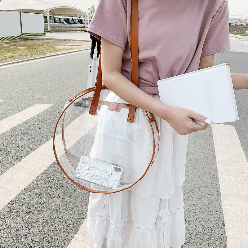 Summer Beach Round Transparent Women Handbag Tote Shopping Bags (Brown)