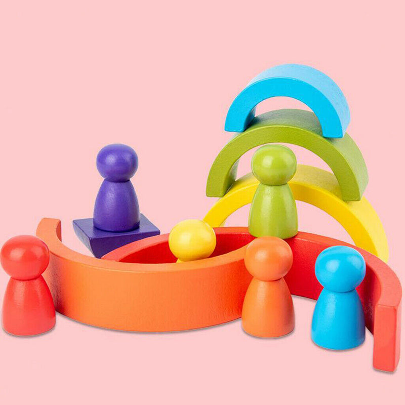 12Pcs Wooden Rainbow Stacking Blocks Fun Building Nesting Toys for Kids Boys
