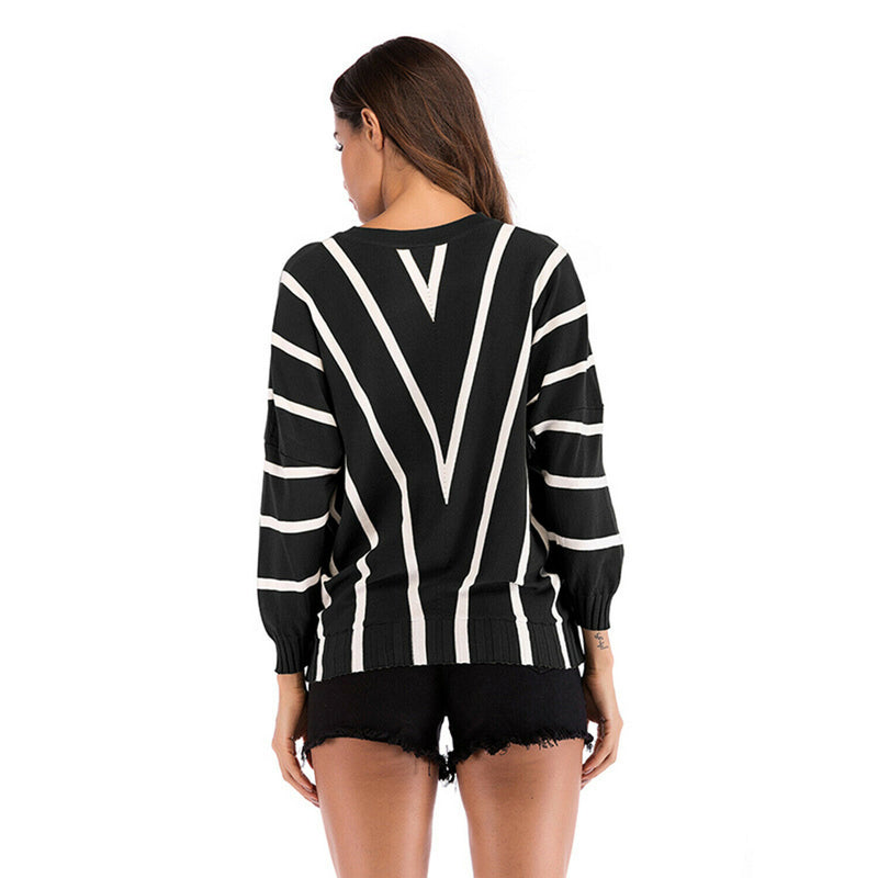 New Autumn Winter Female Tops Blouses Sweater Stripe Batwing Sleeve Long SleJ7M8