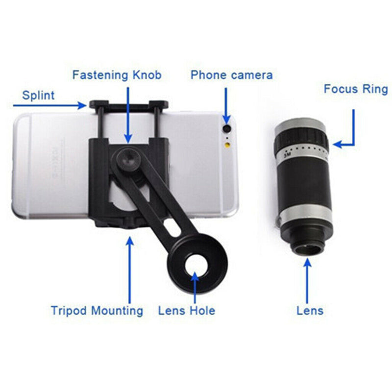 8x Zoom Phone Camera Telephoto Lens Mini Tripod Holder Stand For Phone Black