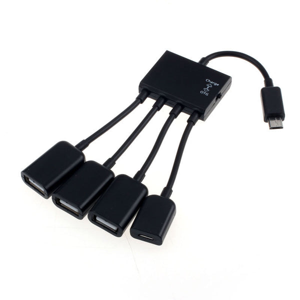 Black 4 Port Micro USB Power Charging OTG HUB Cable For Smartphone Table Tide