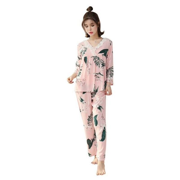 Women Autumn V-neck print 2-pcs Pajama Sets Floral Long Sleeve Sleep Wear C W1G9